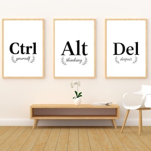 Könnte beinhalten: Drei gerahmte Kunstdrucke mit den Wörtern "Ctrl yourself", "Alt thinking" und "Del despair" in schwarzer Schrift. Jeder Druck hat ein botanisches Blattdesign. Die Rahmen sind hellbraun und der Hintergrund ist weiß.