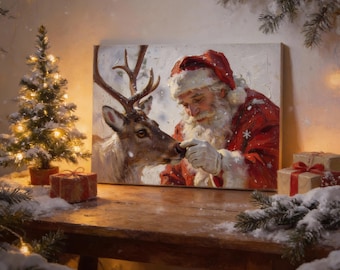 Vintage Weihnachtsmann und Rentier Leinwanddruck | Retro Weihnachtswandkunst