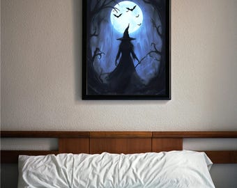 Poster di Halloween con strega nei boschi, arte rustica della strega (download digitale)