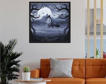 Whimsical Witch Ghost Art Print, Vintage Halloween Decor (Digital Download)