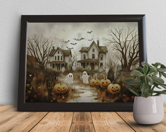 Vintage Haunted House Halloween Print: Spooky Ghosts & Pumpkins (Digital Download)