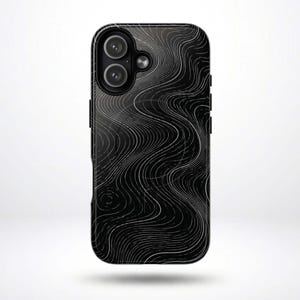 May include: Black smartphone case with a topographic map design. The case features a glossy finish and a pattern of white, wavy lines against a black background. The case has a dual-lens camera cutout.