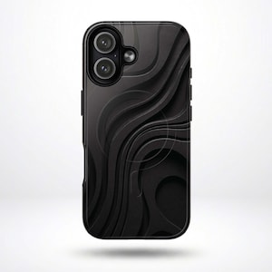 May include: Black phone case with a layered, wave-like design. The case features a dual-lens camera cutout and side buttons. The overall aesthetic is sleek and modern, with a matte finish.