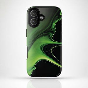 May include: A black smartphone case with a vibrant green abstract design. The case features a dual-lens camera and a sleek, glossy finish. The green design swirls across the surface, creating a dynamic and modern aesthetic.