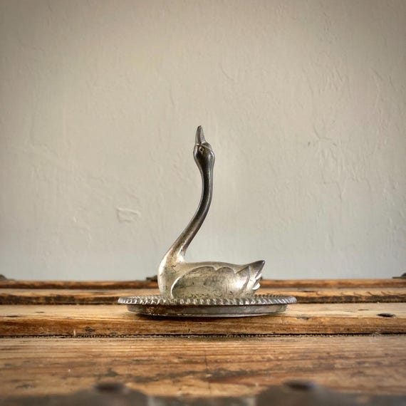 Vintage Silver Plated Heavy Metal Swan Goose Ring Holder Made In Hong Kong