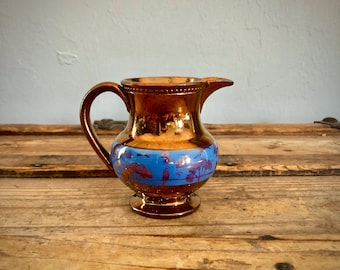 Antique Copper Lustreware Small Creamer Blue Floral Pattern