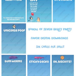 Bluey Themed Party Favor 7 Digital Download Bundle: Keepy Uppy|Bumworm|Unicorse Poop|Rita’s Beans|Oh Biscuits!|Sticky Gecko|Sleepytime Stars