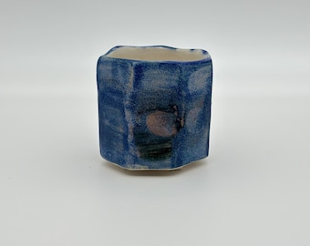 Handmade Stoneware Espresso Cup, Cobalt Blue Emerald Glaze, Geometric Ceramic
