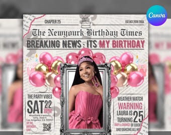 Pink Glam Newspaper, Birthday Invitation, Editable Digital Dinner Invite,  Social Media Flyer Template , Newspaper Flyer, DIY Template Canva