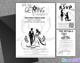 Wedding invitations, Elegant Wedding Invite, Watercolour Wedding Invitation with Envelopes, Editable Wedding Invitation, Canva Template.
