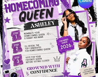 Vorlage für einen Wahlkampf-Flyer zur Homecoming Queen (Canva-Datei, bearbeitbar) | Schulwahlplakat | Wahlkampf-Flyer für den Schülerrat | Sofort-Download