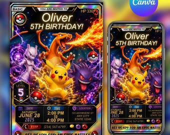 Pokemon Birthday Invitation, Editable Canva Template, Pokemon Card Invite, Pikachu Charizard Party, Digital Download