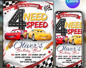 Lightning Mcqueen 4th Birthday Invitation, Need for Speed Cars Birthday Invite, Kids Birthday Party, Editable Digital Download, DIY Canva