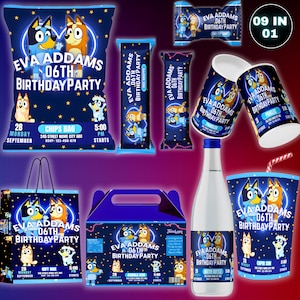 Bluey Birthday Party Favor Bundle (09 files Canva Editable)