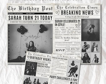 Birthday Newspaper Template, 4Page Newspaper, Party Announcement Newsletter, Digital Download, Photoshoot Prop, Canva Editable Invitation.