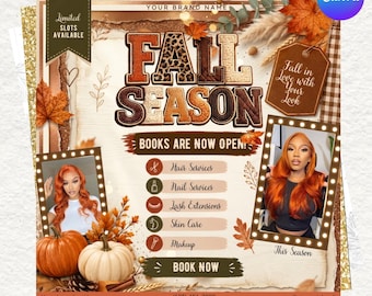 Fall Booking Flyer Template, September Books Open Flyer, Hair, Lash & Nail Canva Template, DIY Text, Instant Download