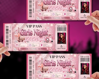 Editable Girls Night VIP Pass Template, Pink Party Ticket, Canva Invitation, Bachelorette VIP Ticket, Birthday Event Pass, Printable Invite
