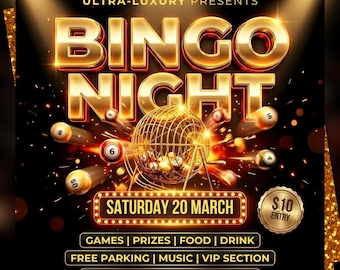 Bingo Night Flyer, Editable Canva Template, Casino Party Template, Church, Game Night Events, Club Night, Party night flyer.