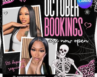 October Booking Flyer, October Books Open, Halloween Hair Flyer, Spooky SZN Flyer, October Hair Flyer, Nails MUA Lash, Wig, DIY Canva