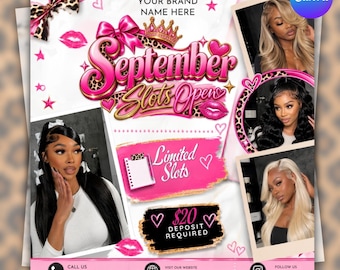 September Booking Flyer, September flyer, Fall Booking Flyer, September Books Open, Wig Install, Lash Nail Braids Flyer, Editable in Canva