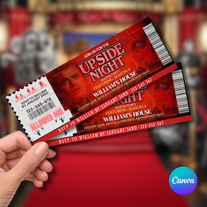 May include: Two red tickets with the text "UPSIDE NIGHT" and "WILLIAM'S HOUSE" are held in a hand. The tickets have a barcode and include the text "RSVP TO WILLIAM BY JANUARY 28RD". The tickets feature images of a person and a monster.