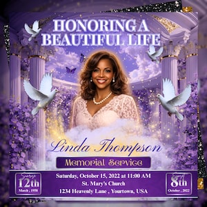 以下が含まれることがあります： 美しい人生を称える、リンダ・トンプソンの肖像画が描かれた追悼サービスの告知。紫と白の柱、鳩、花の要素を背景に、サービスの詳細が記されています。