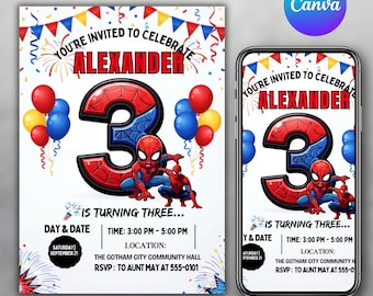 Editable 3th Spidey Birthday Invitation, Superhero Kids Party Invite, Canva Template, DIY text, instant download DIY text, instant download