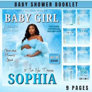 May include: A baby shower booklet with a blue and white design. The cover reads "BABY GIRL" and features a photo of a pregnant person in a blue dress. The booklet includes games and activities, with the date "JULY 05 2026" displayed.