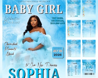 Blue Baby Shower Activity Booklet, DIY 9-Page Magazine, Iconic Black Mama Sayings, Black Pop Culture, Canva Template, (Digital Download)