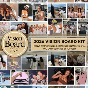 May include: A collage featuring various lifestyle images, including a pink car, a yacht, and people enjoying drinks. The text on the image reads "Vision Board Kit" and "2026 Vision Board Kit: Canva Templates | 200+ Images | Printable/Digital | You Can Customize By Yourself."