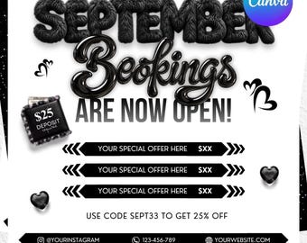 September-Buchungsflyer-Vorlage, jetzt buchbar über Canva, Herbstrabatt-Aktion für Haarstyling, Wimpern, Nägel, Flechtfrisuren, Make-up und Beauty-Styling