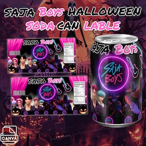 Może przedstawiać: Halloweenowy motyw puszki i etykiety z napojem gazowanym z napisem "SAJA BOYS HALLOWEEN SODA CAN LABLE". Projekt zawiera czarną puszkę z neonowo-różowym i niebieskim logo, wizerunki ludzi i gitarę.