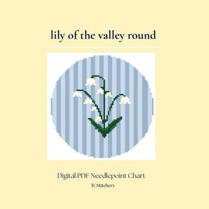 May include: A digital PDF needlepoint chart titled lily of the valley round. The design features a circular pattern with vertical light blue and white stripes, centred with a pixelated green lily of the valley plant with white flowers.