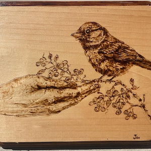 Hand Holding Bird Woodburning Pyrography Wood Art Wall Decor