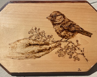 Hand Holding Bird Woodburning Pyrography Wood Art Wall Decor