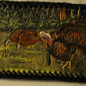 Wild turkey scene on Men's hand carved leather wallet