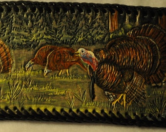 Wild turkey scene on Men's hand carved leather wallet