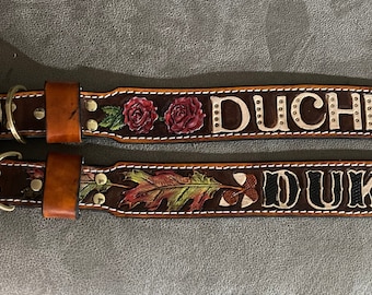 Personalized leather dog collar for your furry friend...Oak leaf or roses...