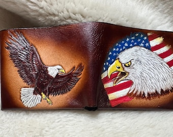 Mens Leather patriotic bald eagle wallet with American flag