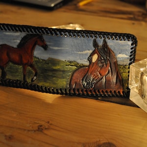 Handcarved Leather Wallet: Bay Horse Design