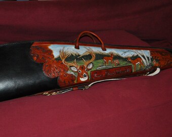 Custom Handcarved Case with Whitetail Deer Sheepskin lining hand sewn and laced.