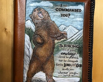Leather hand carved Bible Cover with grizzly bear