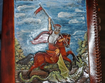 Handcarved Leather Bible Cover St Geoge Slays the Dragon