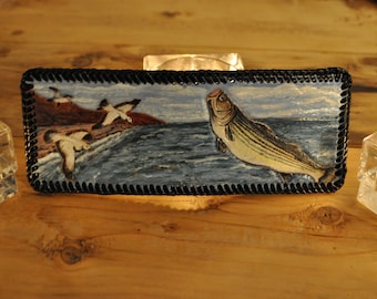 Striped Bass and gulls on a Hand carved Leather Men's Wallet