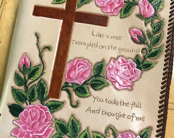 Leather Bible Cover with hand carved  cross and Roses