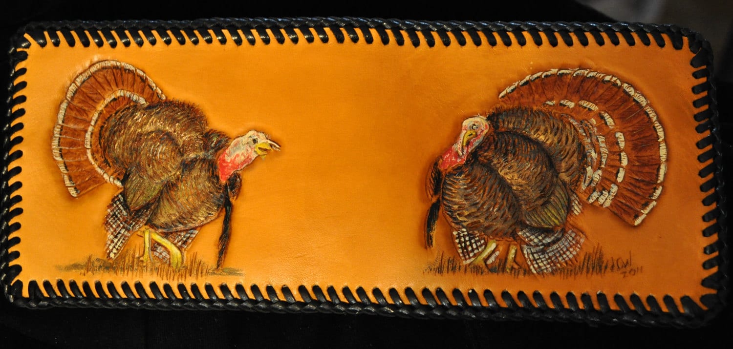 Men's Handcarved leather wallet with wild turkeys Etsy