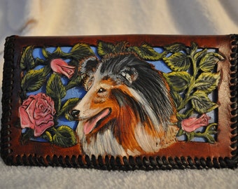 Hand carved leather checkbook cover filigreed flowers with Sheltie