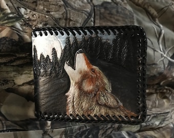 Handcarved slim wallet with wolf howling at the moon