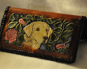 Handcarved  leather filigreed checkbook cover  Labrador Retriever head with roses