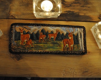Whitetail deer scene on Hand carved Leather men's wallet